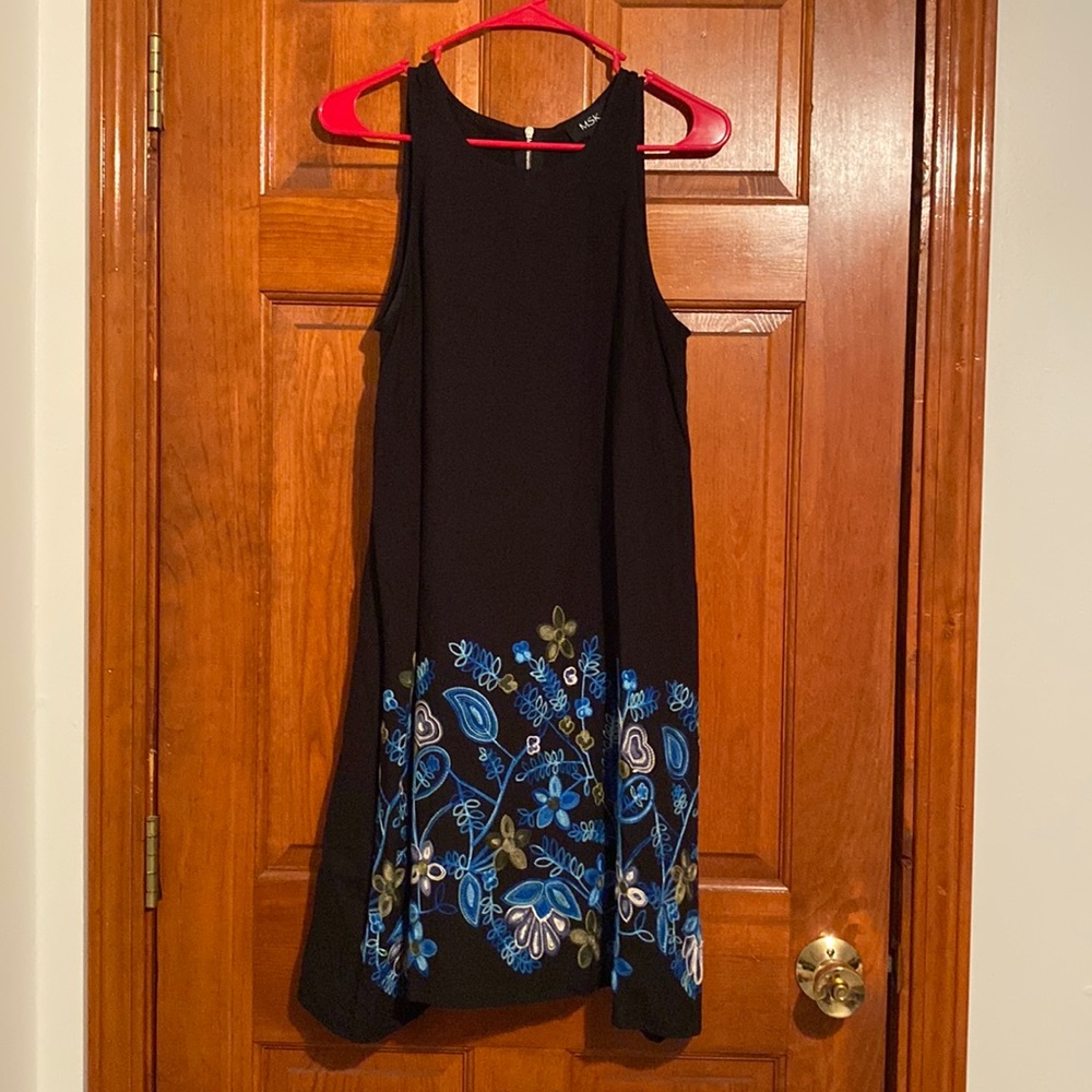MSK Black Dress w/ Blue Floral Pattern